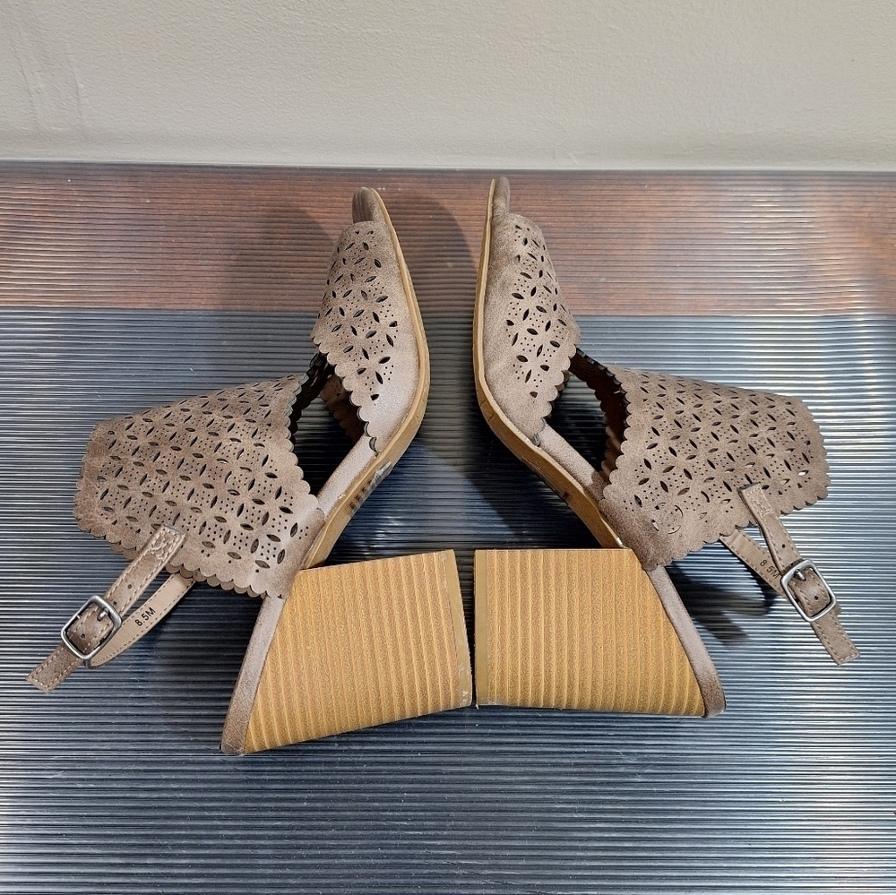 Maurices Taupe Boho Cut Out Scalloped Open Toe Slingback Stacked Heel Sandals - Picture 10 of 16
